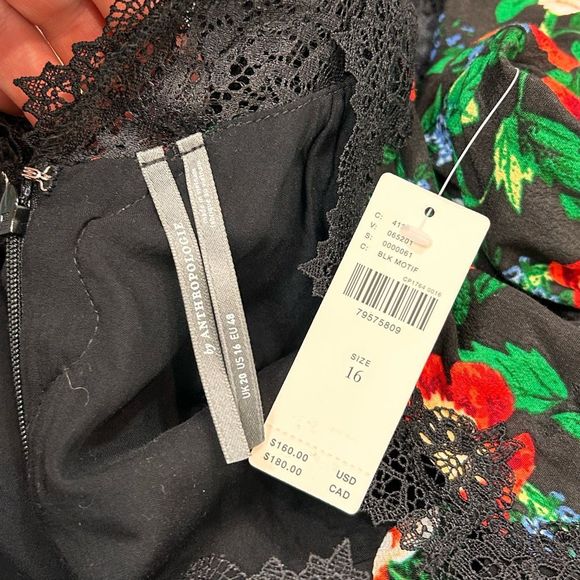 Anthropologie Dress 16 Lace V-Neck Dark Floral Rose Long Sleeve Mini Flowy NWT - Picture 4 of 16